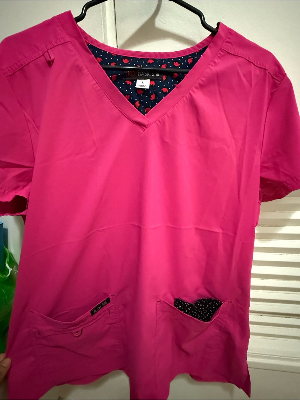 koi Women's V-Neck Scrub Top in Hot Pink with Patterned Trim